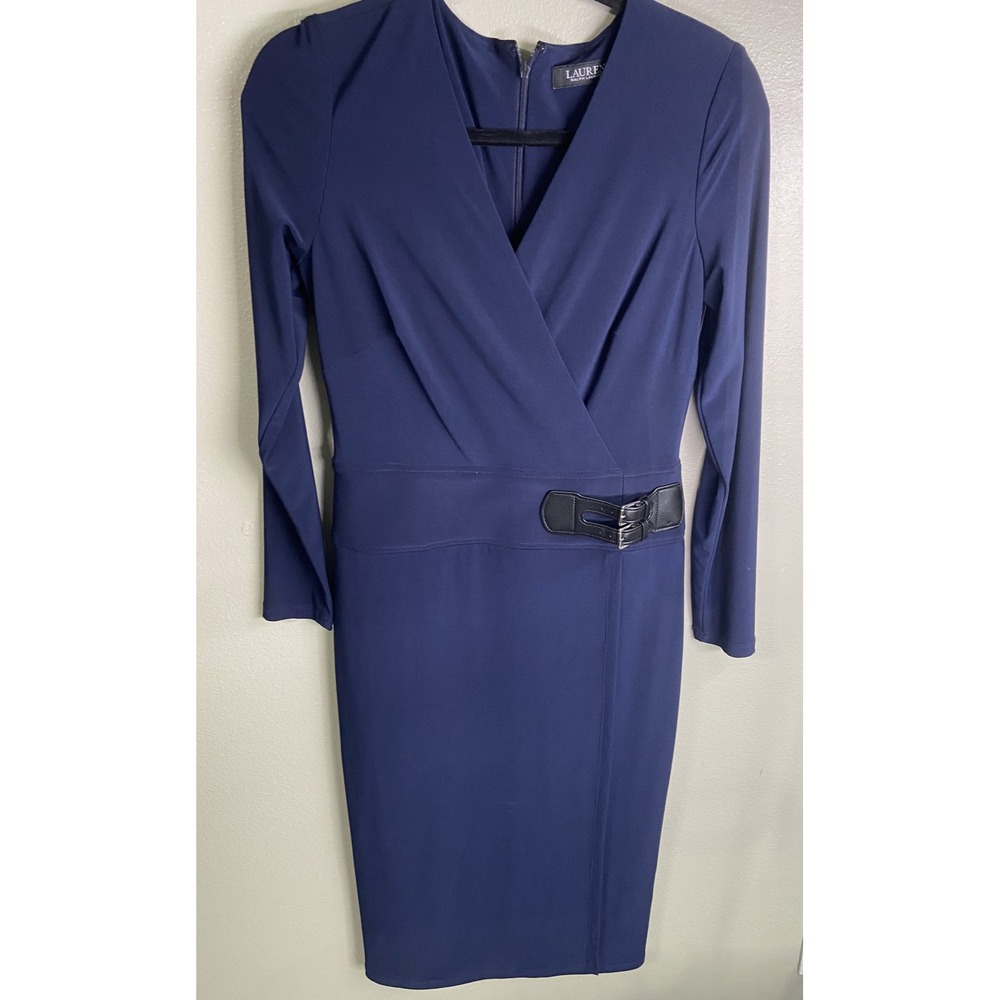 Lauren Ralph Dress Women 4 Navy Office Equestrian Faux Wrap Buckle Career Preppy